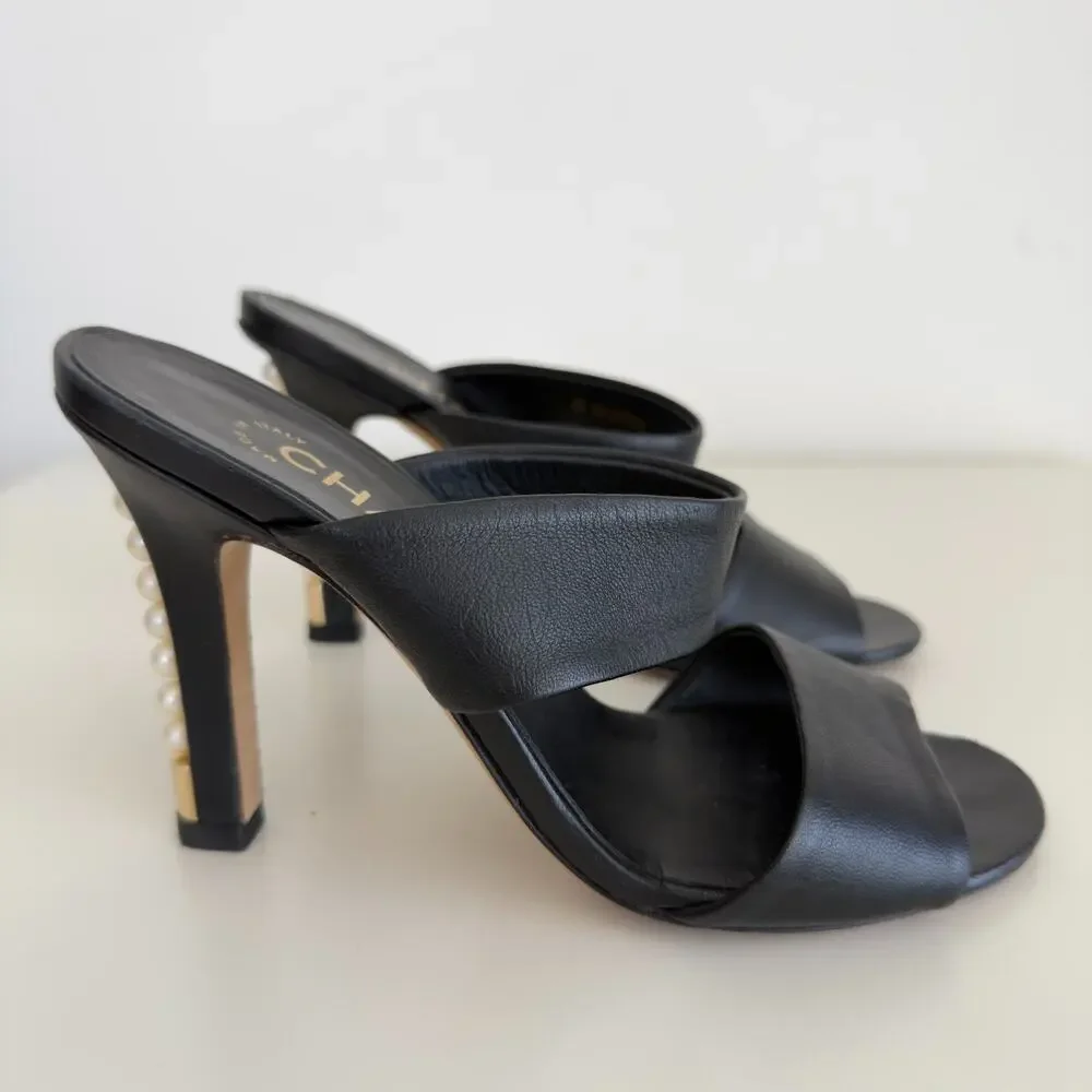 CHANEL‎ Pearl Heel Mules 35 1/2 Black Leather Double Strap Slide Heeled Sandals